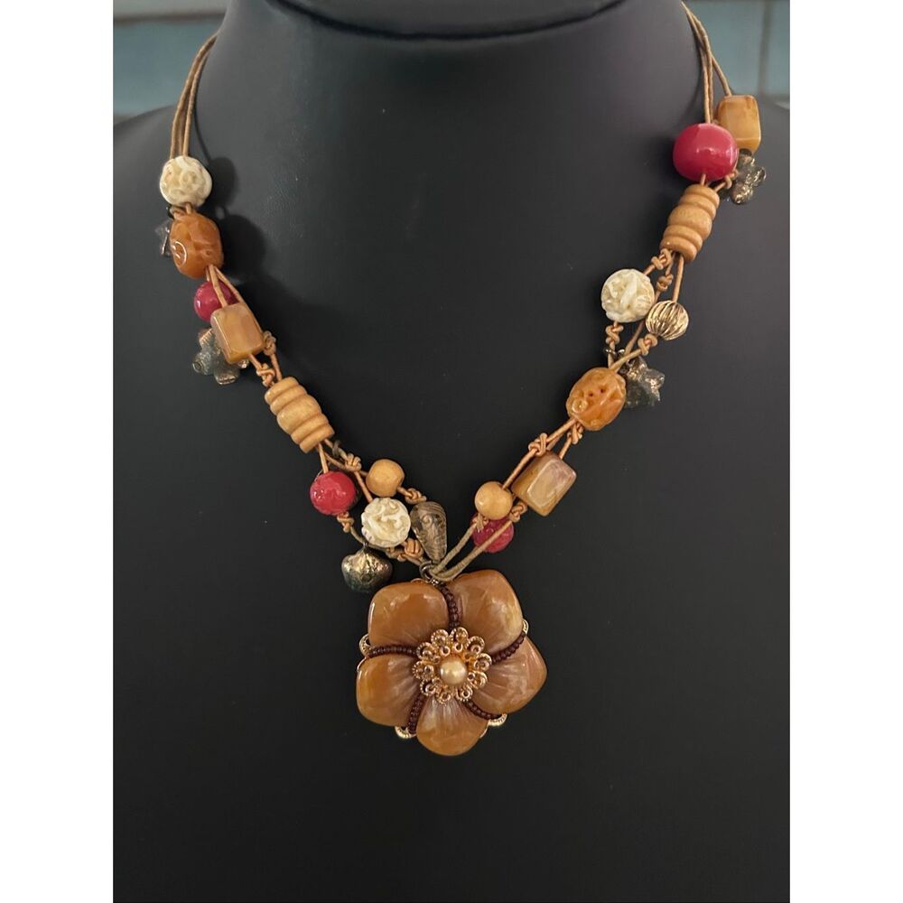 Vtg Cookie Lee Flower Pendant Beaded Necklace Women's Orange Multi-strand Signed